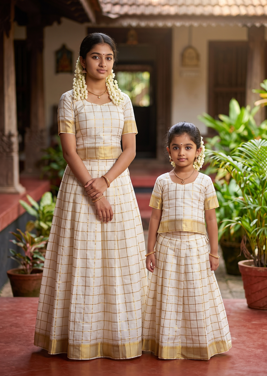 Southloom Kerala Cotton Kasavu Pavada Blouse with for Kids