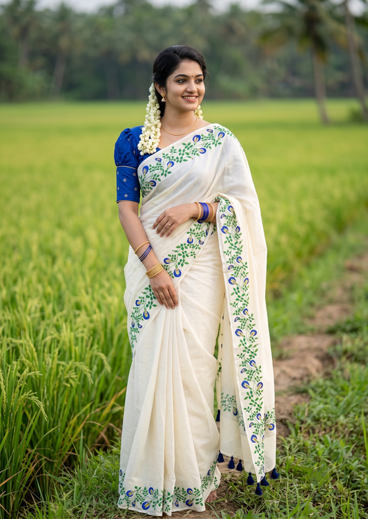 Southloom Cotton Kerala Kasavu Saree with Floral Digital Print on Borders SL318