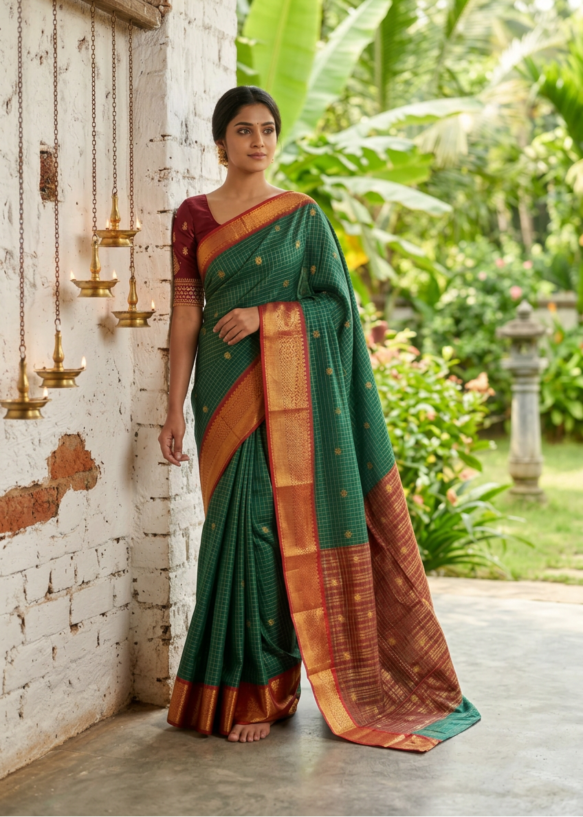 Green & Red Colour Semi Silk Saree With Check Design SL634