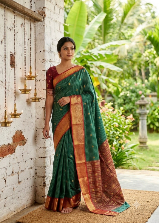 Green & Red Colour Semi Silk Saree With Check Design SL63