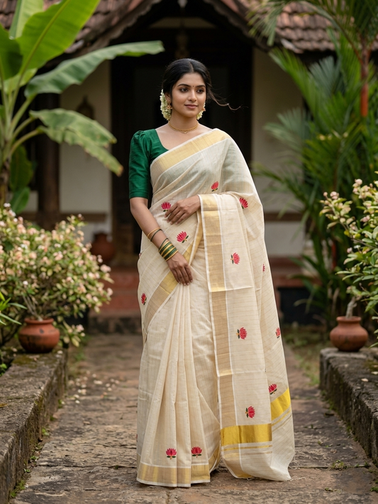 Southloom Lotus Pink and Green Embroidery Tissue Kerala Saree SL289