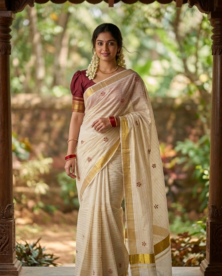 Southloom Kerala Tissue Kasavu Lines Saree with Maroon Floral Embroidery Design on Body