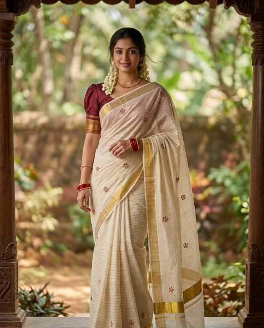 Southloom Kerala Tissue Kasavu Lines Saree with Maroon Floral Embroidery Design on Body