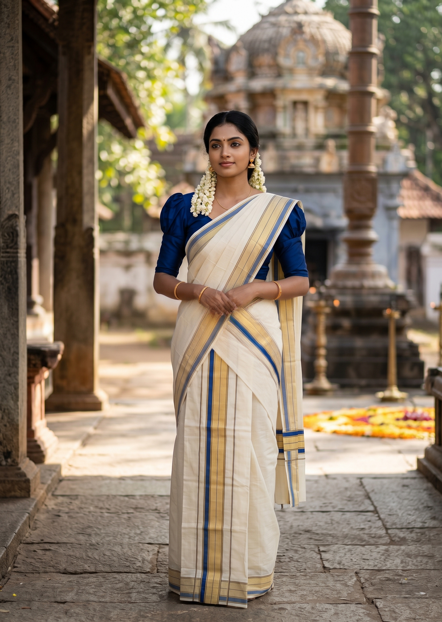 Southloom Pure Cotton Set Mundu with Gold Kasavu and Blue Borders 2.80 Mtrs SL376