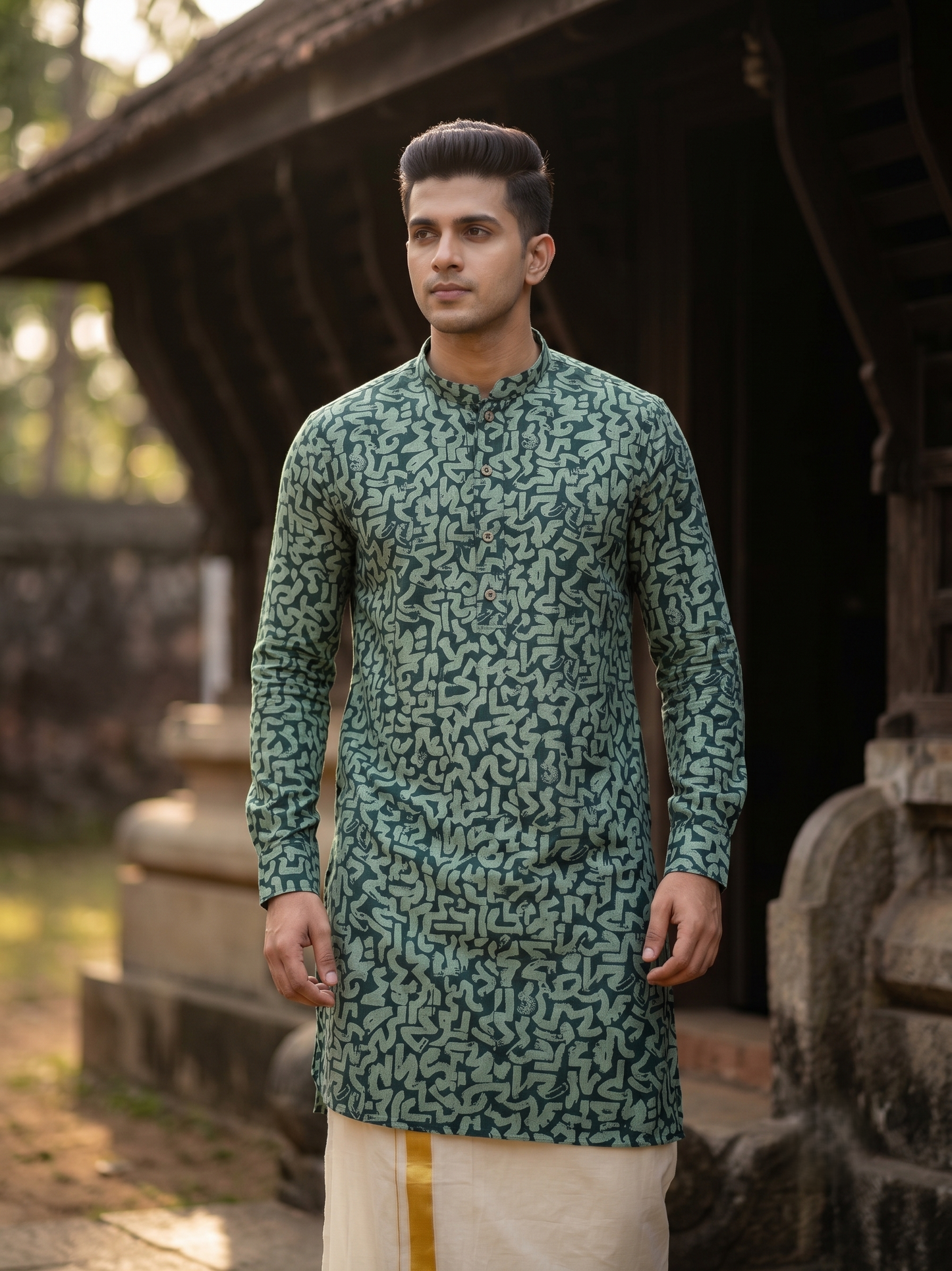 Southloom Green Printed Semi Silk Short Kurta for Men SL590