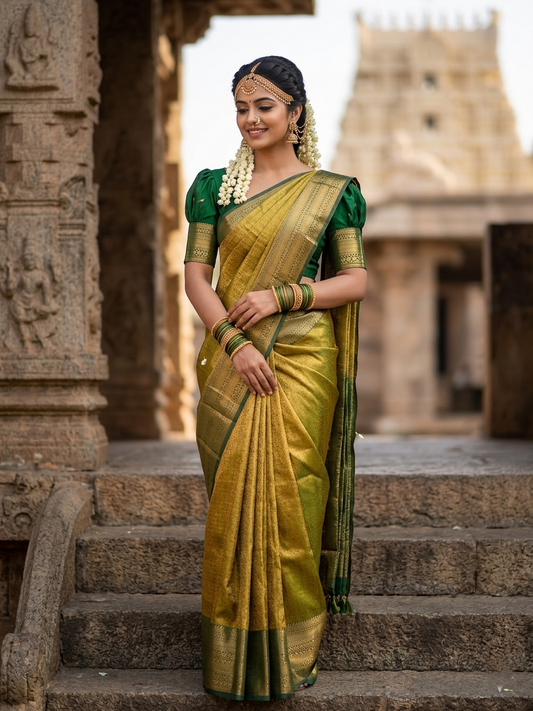 Southloom Premium Semi Silk Zari Work Brocade Saree in Bridal Green with Matching Pallu