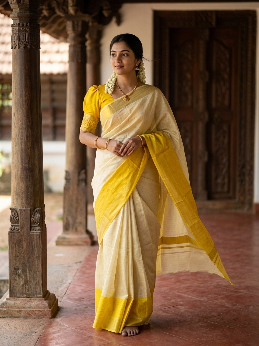 Southloom Kerala Tissue Kasavu Lines Yellow Saree