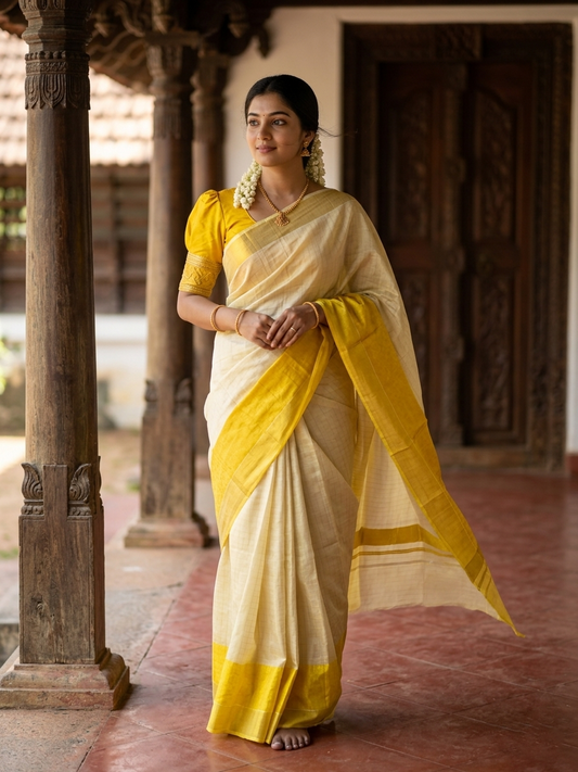 Southloom Kerala Tissue Kasavu Lines Yellow Saree