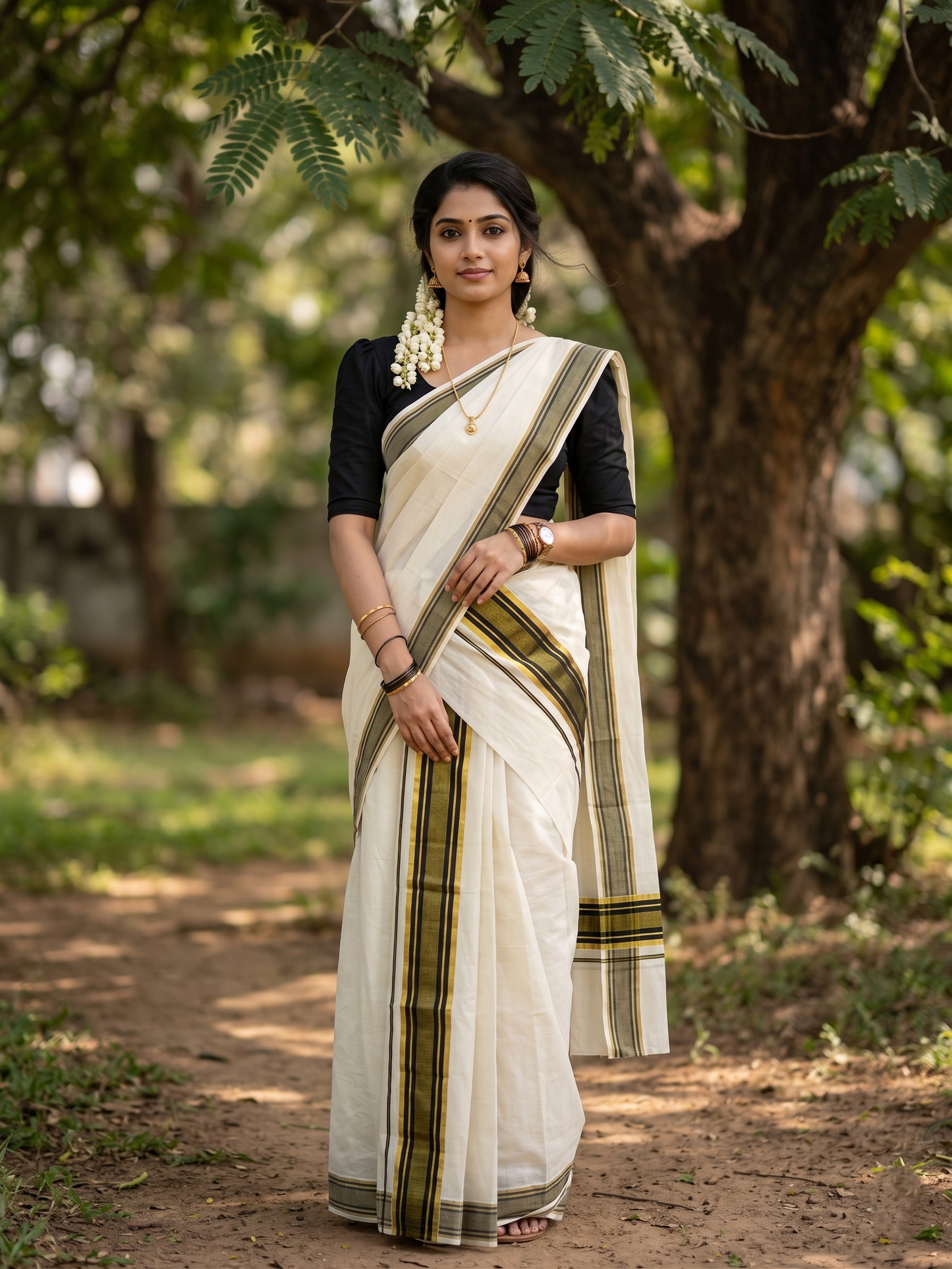 Southloom Kerala Cotton Kasavu Single Set Mundu (Mundum Neriyathum) with Black Kasavu Border SLKK