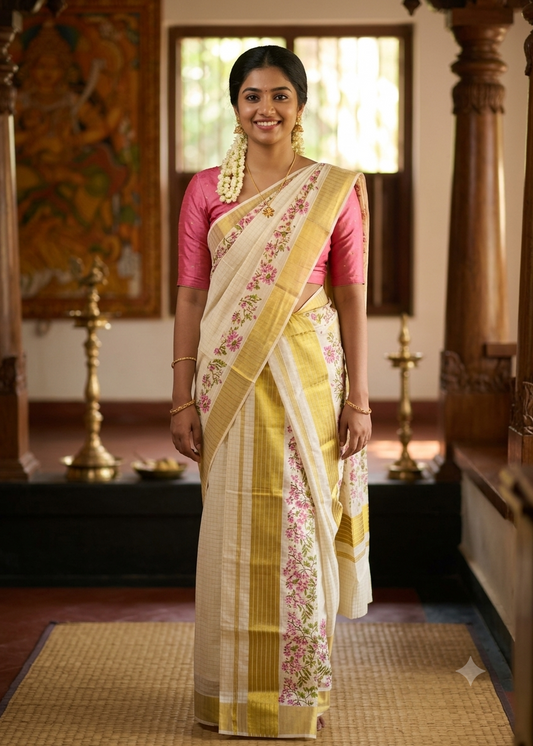 Southloom Kerala Check Pure Cotton Set Mundu with Gold Kasavu And Block Prints Across Body SL563