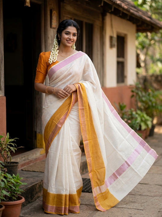 Southloom Tie and Dye Rose Kasavu Lines Saree in Orangish Brown SL264