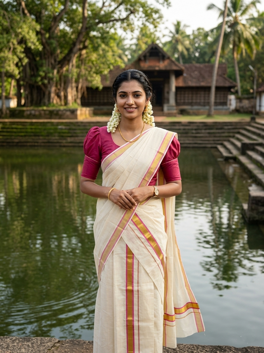 Kerala Cotton Set Mundu (Mundum Neriyathum) with Kasavu and Pink Border 2.80 Mtrs SL244