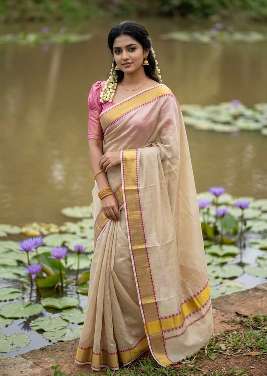 Southloom Kerala Tissue Kasavu Plain Saree with Pink Temple Border SL456
