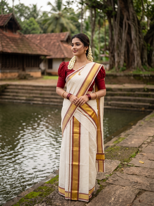 Southloom Pure Cotton Kerala  Set Mundu (Mundum Neriyathum) Single with Maroon and Kasavu Border 2.80 Mtrs SLKK