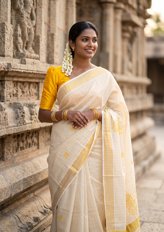 Southloom Kerala Tissue Yellow Floral  Embroidery Design on the Body With Gold Kasavu