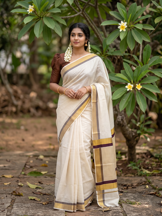Southloom Kerala Pure Cotton Saree with Stripes on Body and Borders in Brown SL334