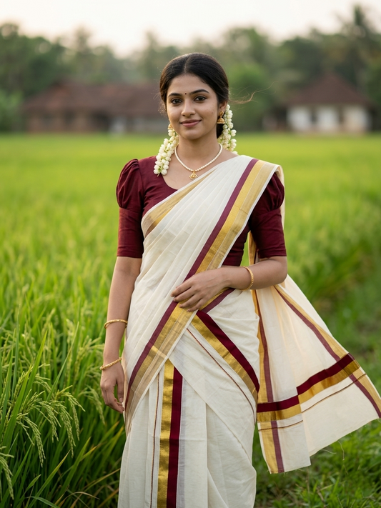 Kerala Cotton Set Mundu (Mundum Neriyathum) with Maroon and Kasavu Border 2.80 Mtrs