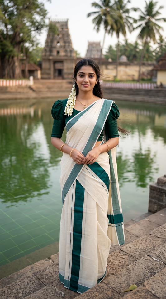 Kerala Cotton Mundum Neriyathum Single (Set Mundu) with Plain Green Kara 2.80 Mtrs
