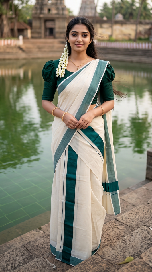 Kerala Cotton Mundum Neriyathum Single (Set Mundu) with Plain Green Kara 2.80 Mtrs