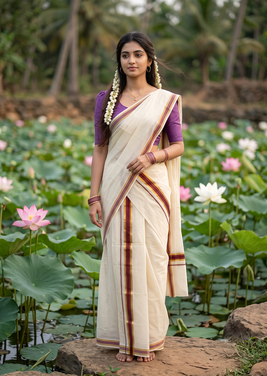 Southloom Pure Cotton Kerala Single Set Mundu (Mundum Neriyathum) with Purple Kasavu Border 2.80 Mtrs SLKK