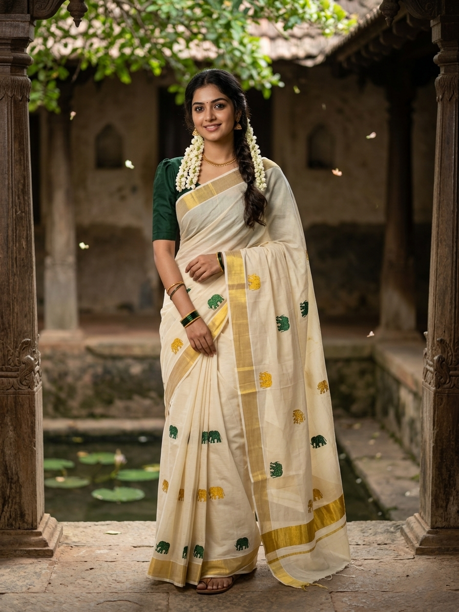 Southloom Kerala Tissue Kasavu Plain Saree with Gold & Green Elephant  Embroidery Work