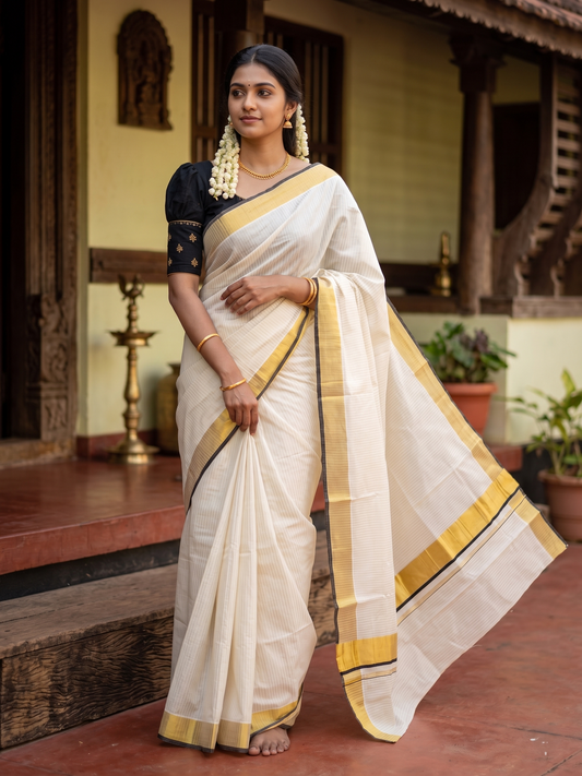 Southloom Kerala Cotton Kasavu Saree with Stripes on Body In Black Border SL351