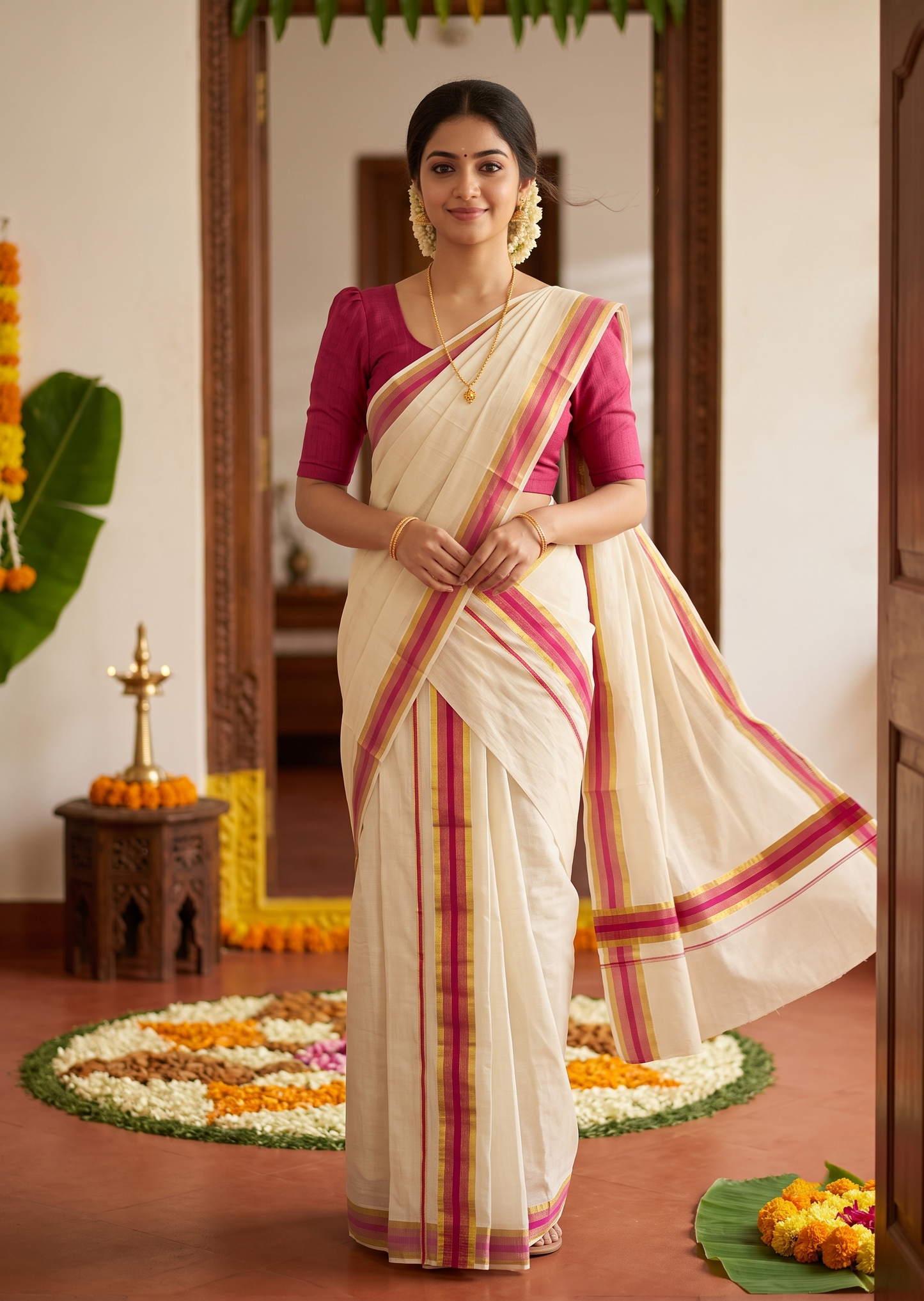 Southloom Kerala Cotton Set Mundu (Mundum Neriyathum) with Dark Pink and Kasavu Border 2.80 Mtrs SLKK