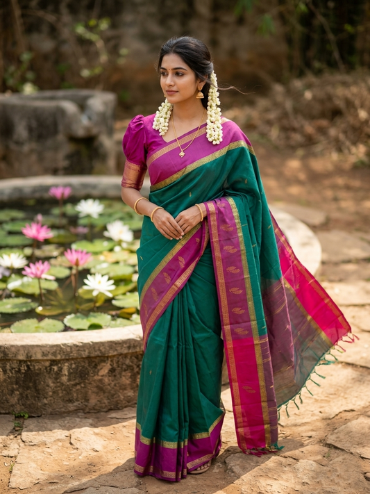 Southloom Semi Silk Saree With Butta Work Across in Body Green And Magenta