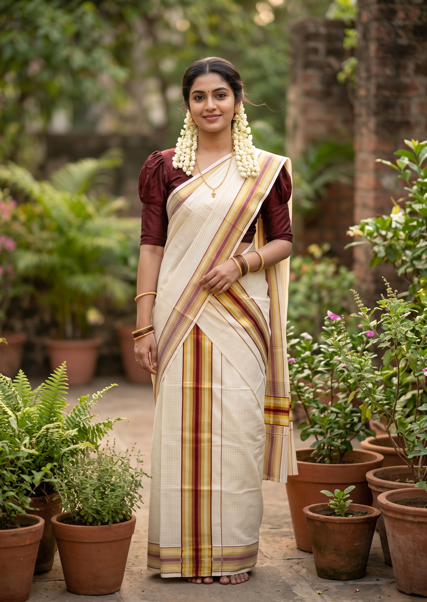 Southloom Pure Cotton Mundum Neriyathum (Set Mundu) with Gold Kasavu Check Acorss Body & Maroon Borders on the Kasavu  2.80 Mtrs SL517