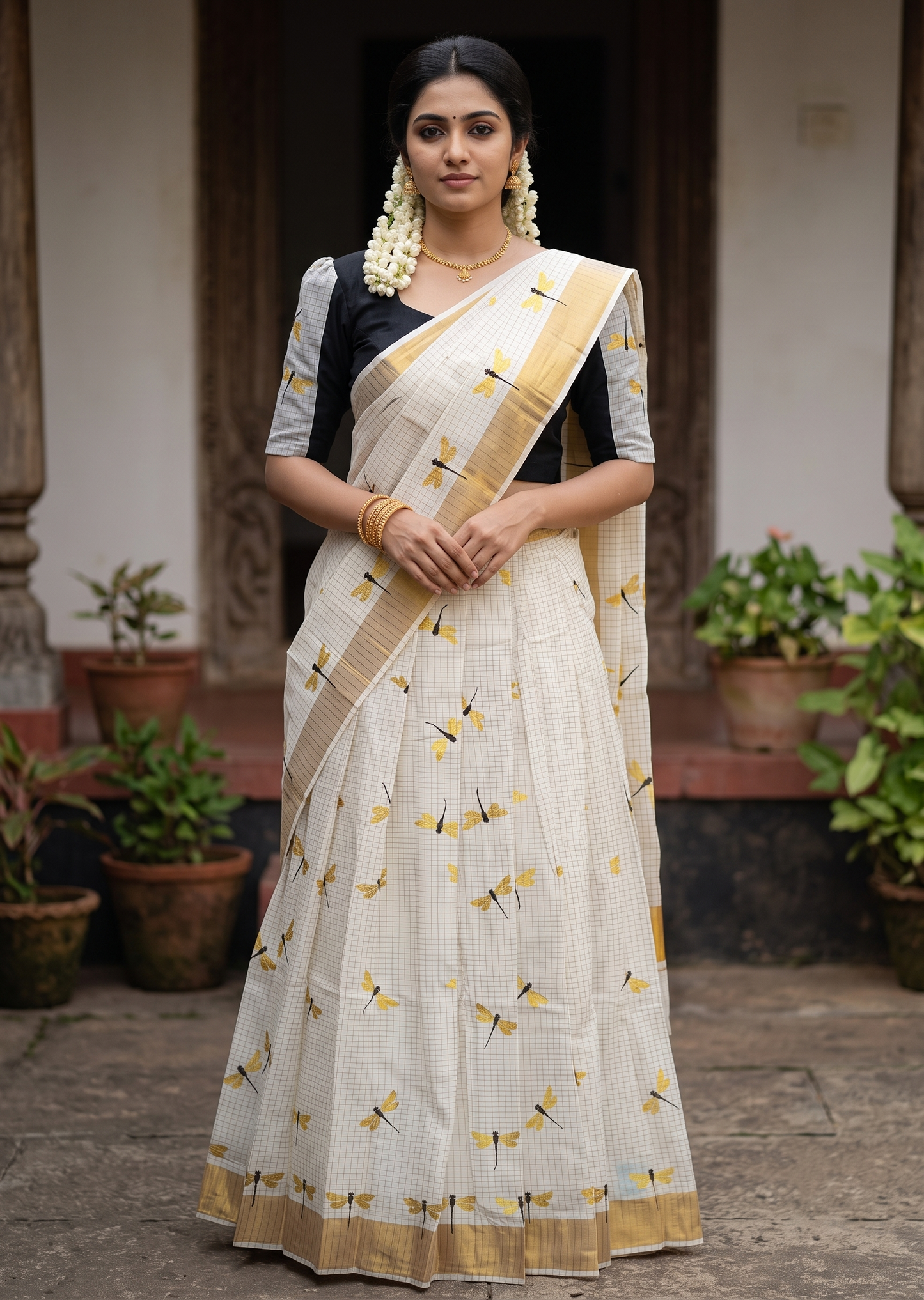 Southloom Semi Stitched Cotton Check Dhavani Set with Pavada and Blouse Piece in Black
