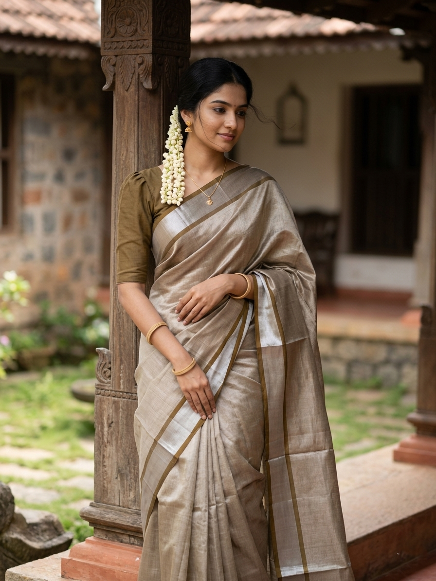Southloom Brown Silver Tissue Kasavu Plain Kerala Saree