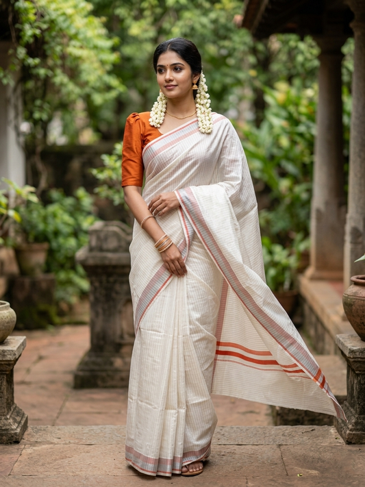 Southloom Pure Cotton Kerala Saree with Silver Kasavu Lines Across Body and Orange Border