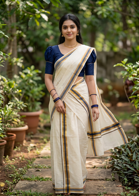 Southloom Pure Cotton Kerala Single Set Mundu (Mundum Neriyathum) with Navy Blue and 1 inch Kasavu Border 2.80 Mtrs SLKK SL523