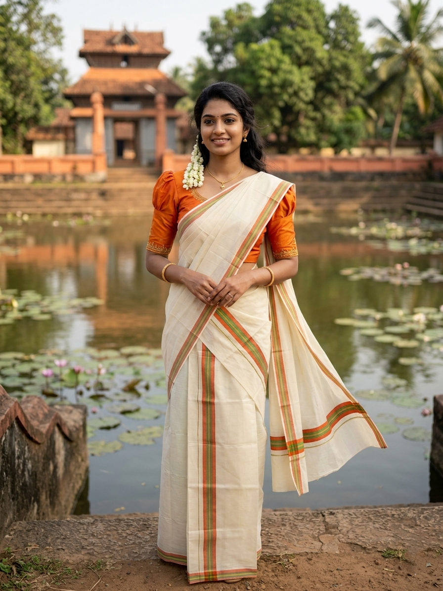 Southloom Pure Cotton Kerala Single Mulloth Set Mundu (Mundum Neriyathum) orange & Green Border in 2.50 mtrs SL243