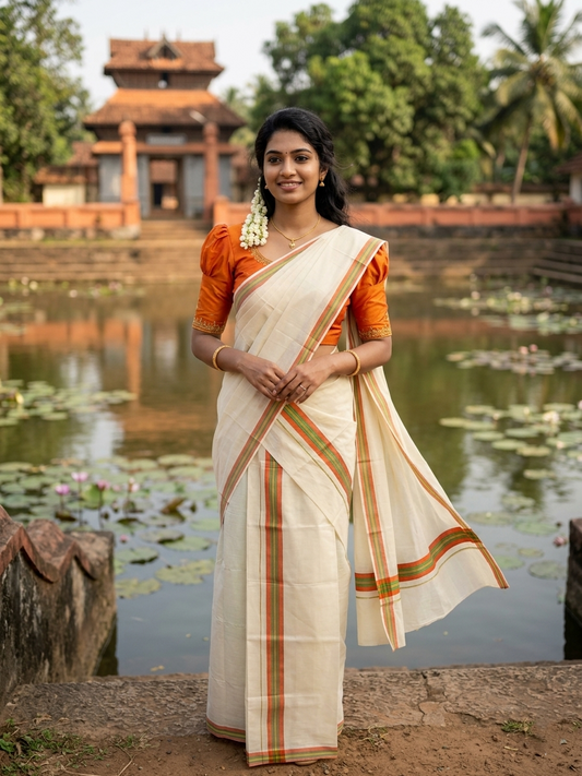 Southloom Pure Cotton Kerala Single Mulloth Set Mundu (Mundum Neriyathum) orange & Green Border in 2.50 mtrs SL243