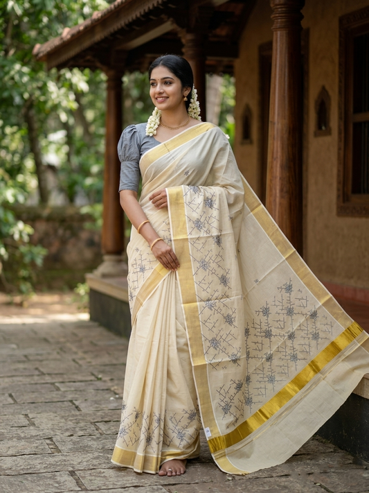 Southloom Tissue Kerala Kasavu Saree with Floral Embroidery Work on Body in Grey