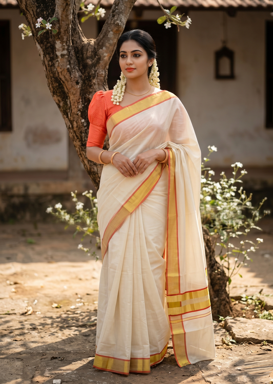 Southloom Kerala Cotton Kasavu Saree with Micro Stripes on Body In Orange Border SL361