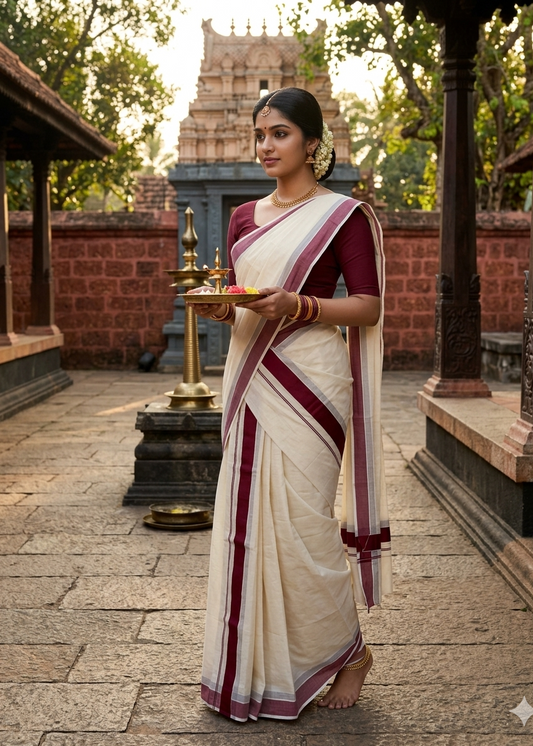 Kerala Cotton Maroon Kara Set Mundu 2.80 mtrs SL425
