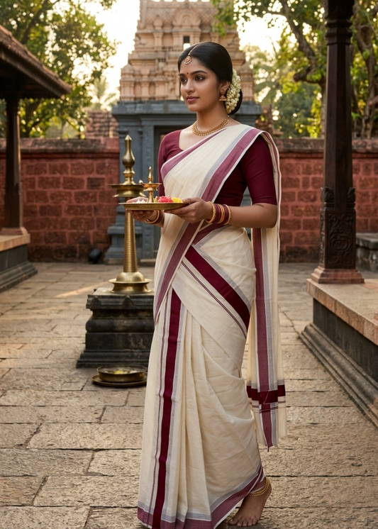 Kerala Cotton Maroon Kara Set Mundu 2.80 mtrs SL425
