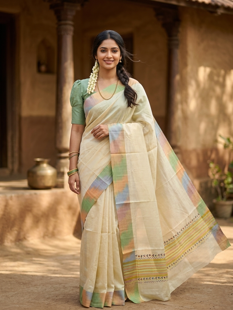 Southloom Kerala Tissue Kasavu Saree with Multi Colour Pochampally Design on Borders and Kara