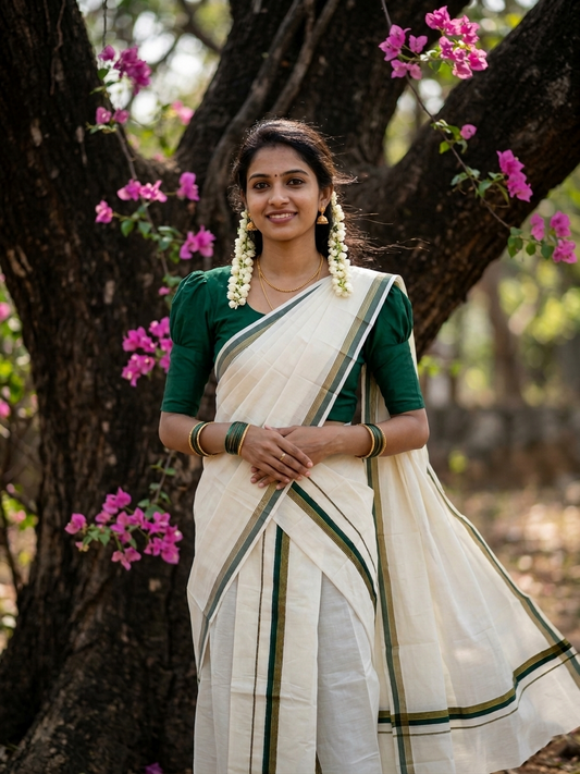 Pure Cotton Kerala Single Set Mundu (Mundum Neriyathum) with Green Kasavu Border in 2.80 Mtrs SL394