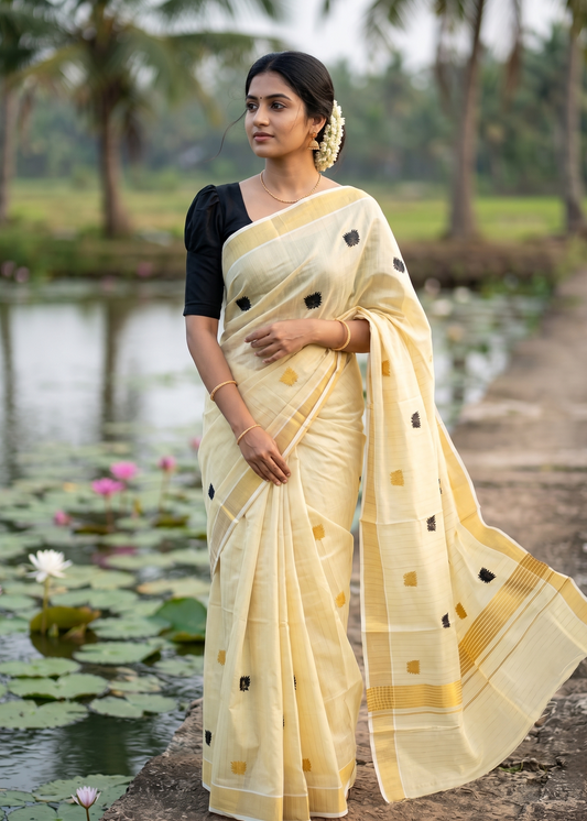 Southloom Kerala Tissue Kasavu Saree with Black&Gold Lotus Embroidery Works