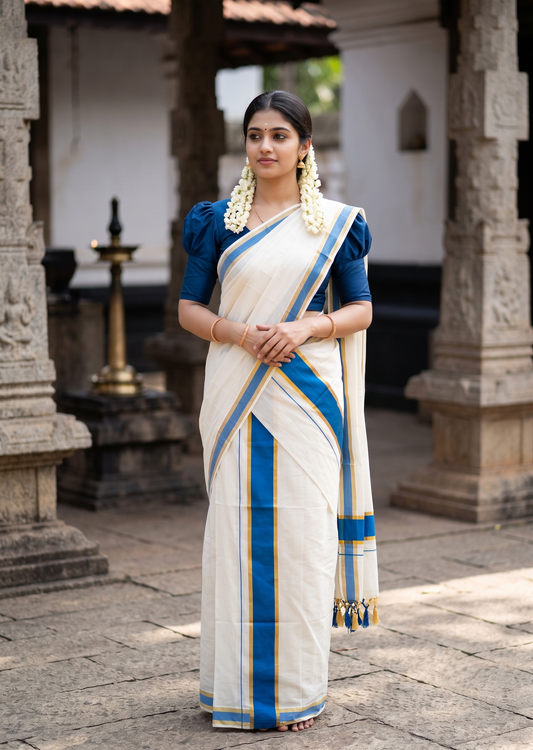Southloom Kerala Cotton Single Set Mundu (Mundum Neriyathum) with Kasavu and Blue Border SLKK SL518