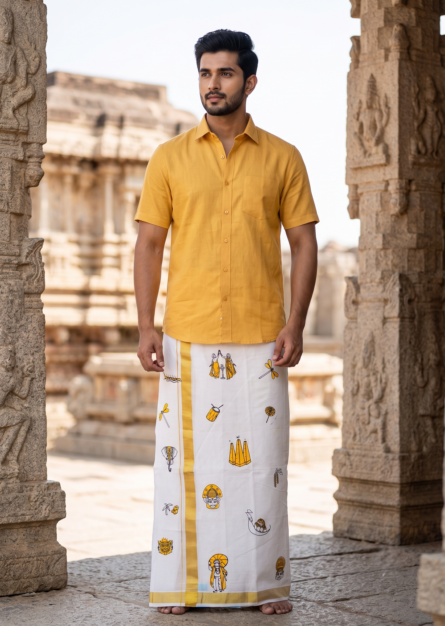 Southloom Kerala Cotton Elephant Digital Printed Double Mundu (South Indian Kerala Dhoti) SL567
