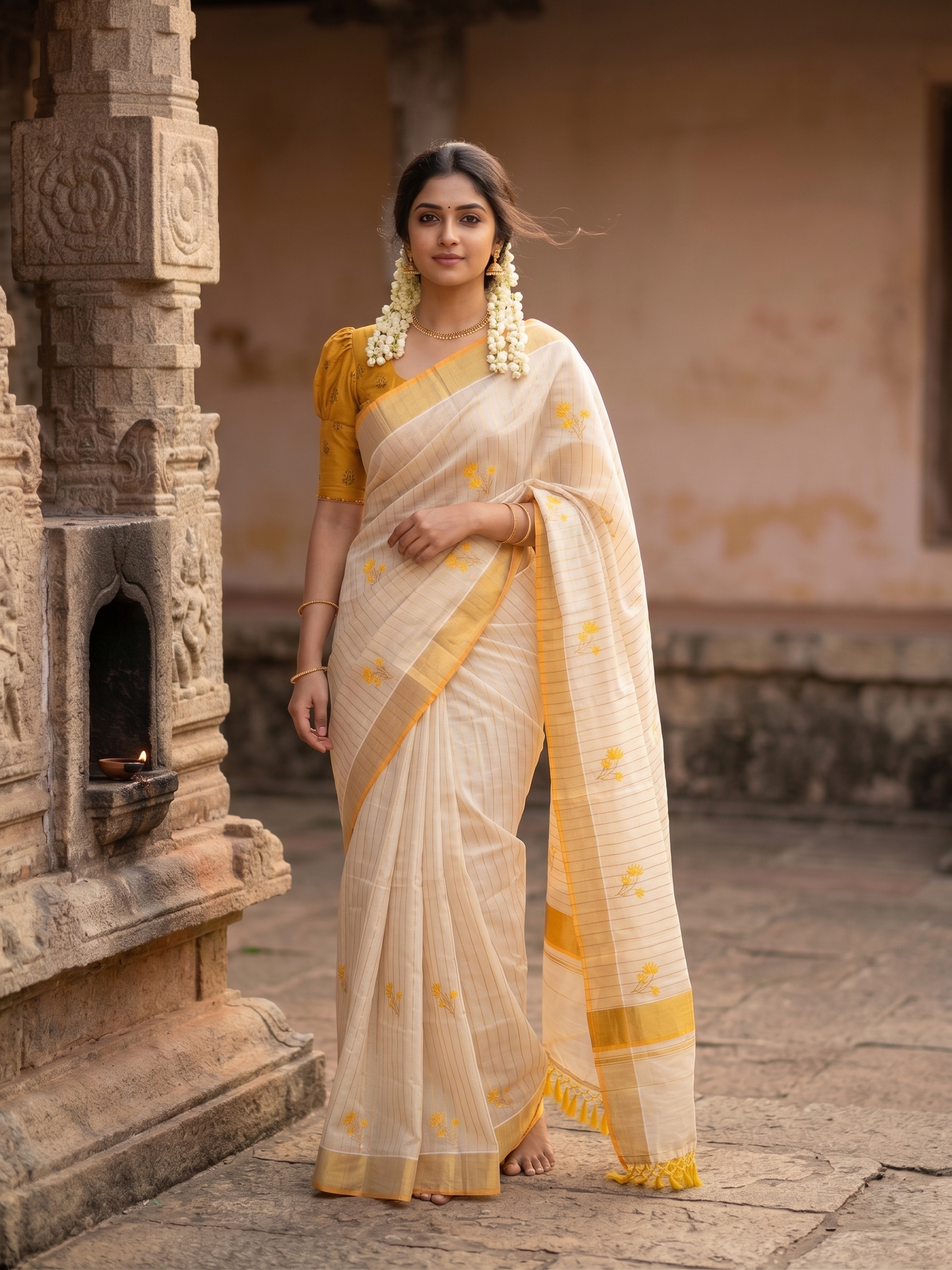 Southloom Kerala Tissue Saree With Yellow Floral Embroidery Design SL249