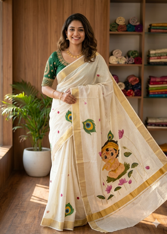 Kerala Cotton Krishna Handpainted Lines Saree With Embroidery SL305