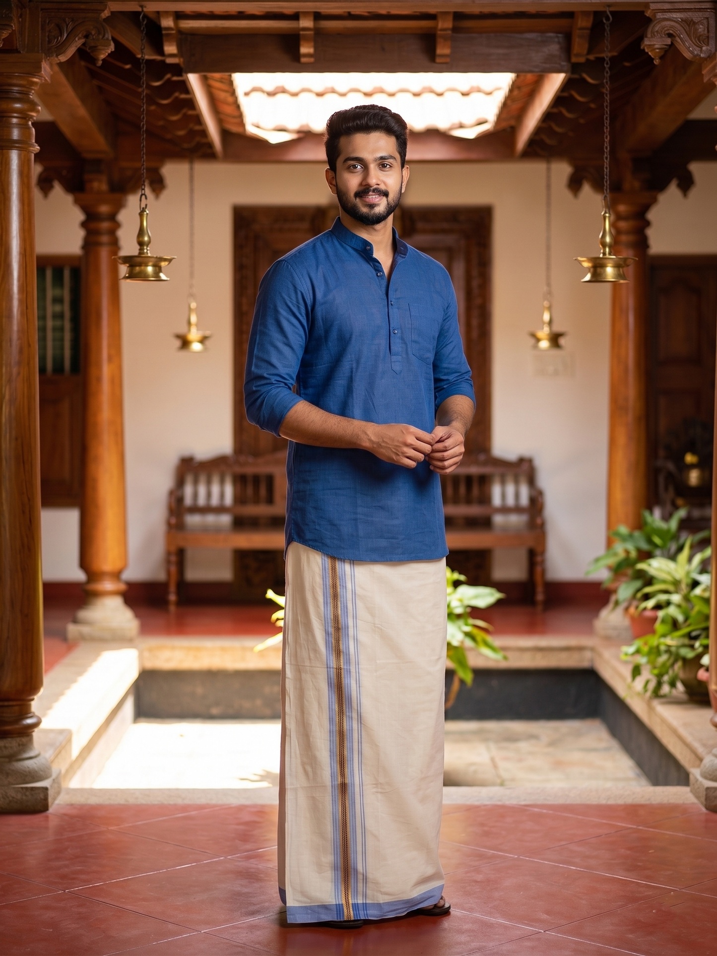 Southloom Premium Handloom Cotton Double Mundu with Gold and Blue Border