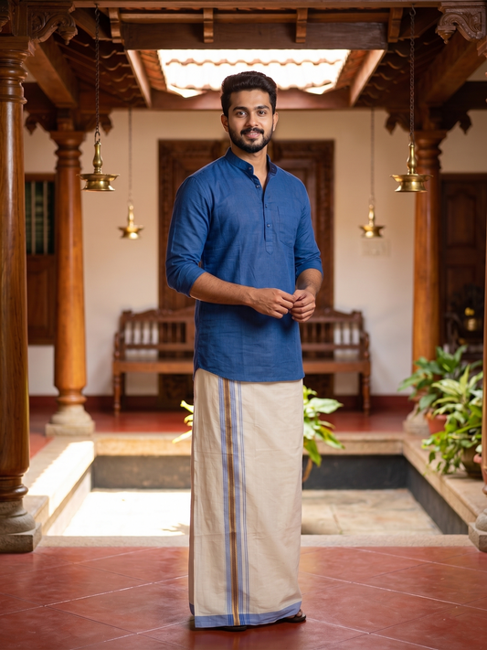 Southloom Premium Handloom Cotton Double Mundu with Gold and Blue Border