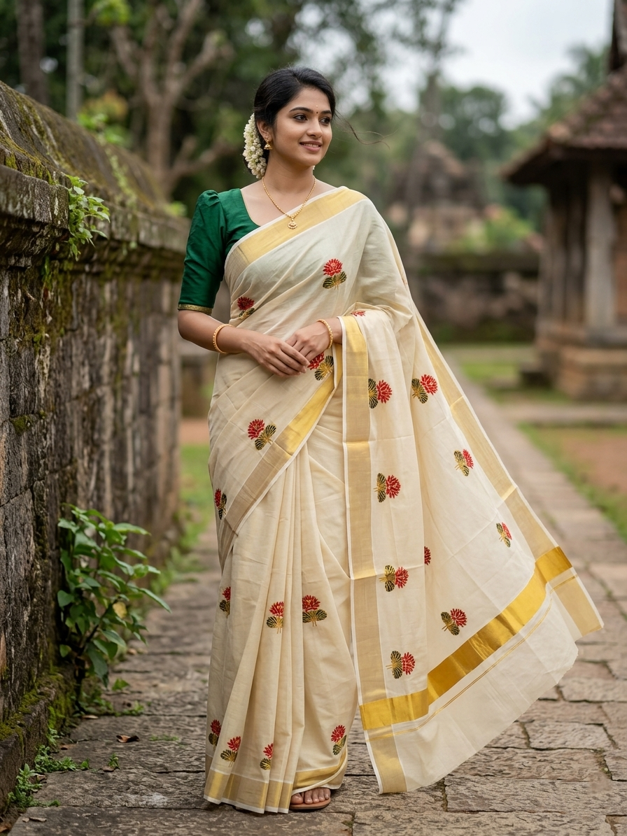 Southloom Lotus Pink and Green Embroidery Tissue Plain Kerala Saree SL289