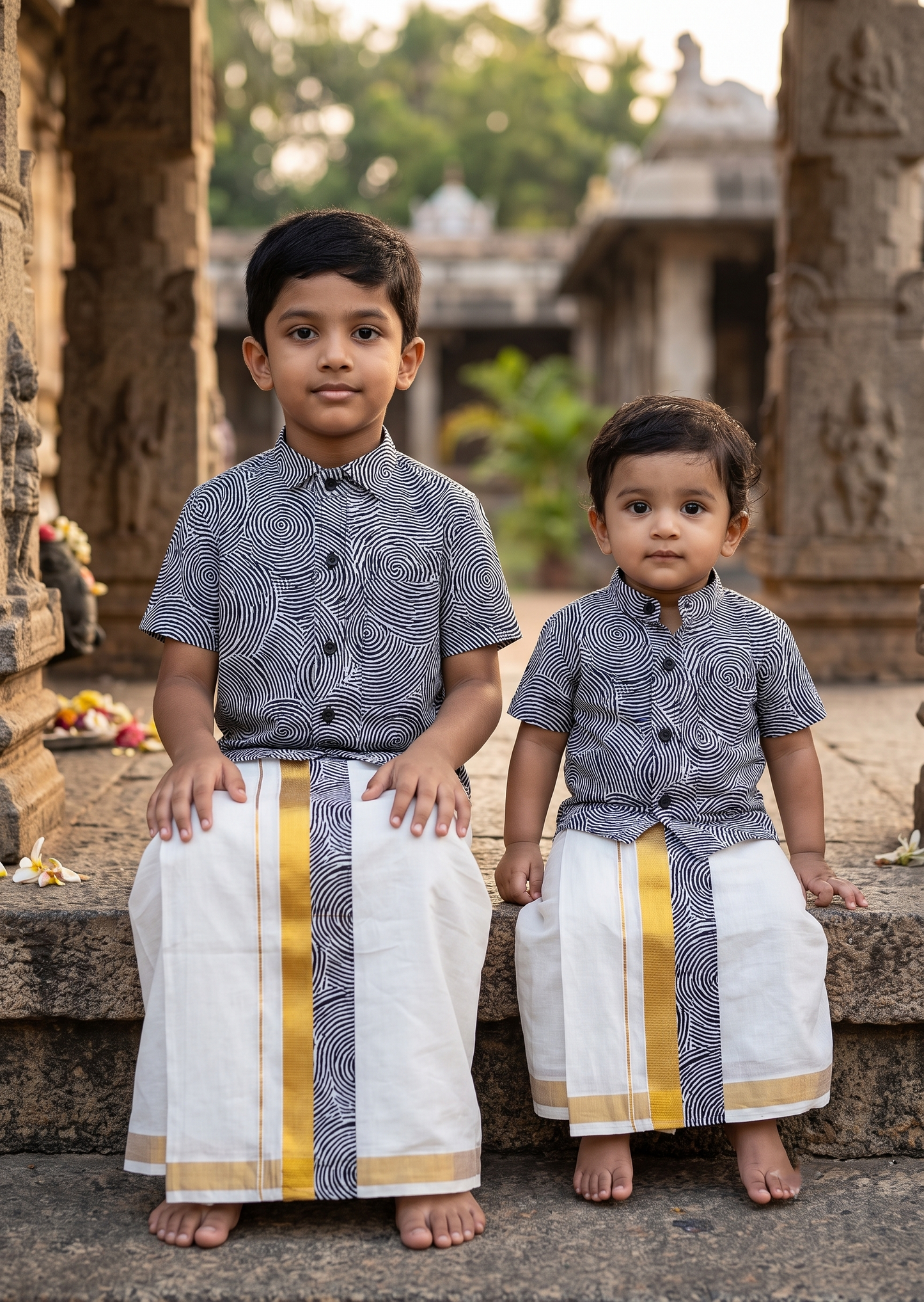 Southloom Cotton Floral Printed Kids's Combo (Shirt + Velcro Mundu) SLKCOMBO